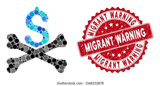 Mosaic mortal debt and grunge stamp seal with Migrant Warning text. Mosaic vector is formed with mortal debt icon and with randomized circle items. Migrant Warning stamp seal uses red color,