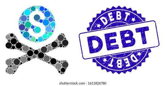 Mosaic mortal debt icon and grunge stamp seal with Debt phrase. Mosaic vector is composed with mortal debt icon and with randomized circle spots. Debt stamp uses blue color, and distress surface.