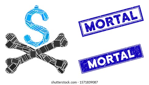 Mosaic mortal debt icon and rectangle Mortal stamps. Flat vector mortal debt mosaic pictogram of random rotated rectangle items. Blue Mortal seal stamps with scratched textures.