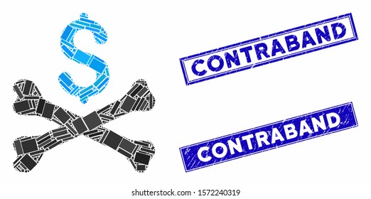 Mosaic mortal debt pictogram and rectangle Contraband seals. Flat vector mortal debt mosaic pictogram of random rotated rectangle elements. Blue Contraband rubber stamps with rubber surface.