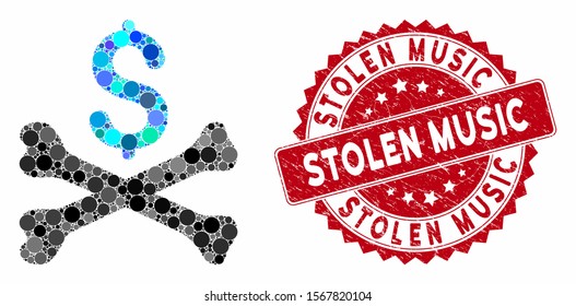 Mosaic mortal debt and rubber stamp watermark with Stolen Music text. Mosaic vector is designed with mortal debt icon and with scattered round elements. Stolen Music stamp seal uses red color,