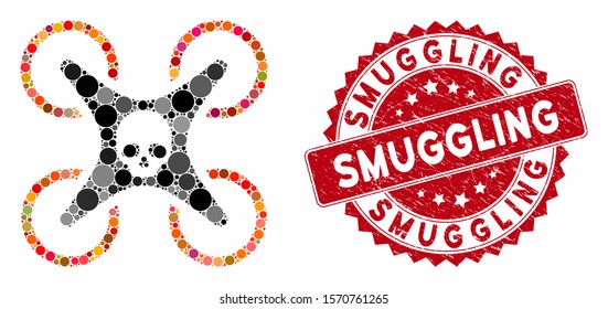 Mosaic mortal drone and distressed stamp seal with Smuggling text. Mosaic vector is formed with mortal drone icon and with random circle spots. Smuggling stamp uses red color, and scratched surface.