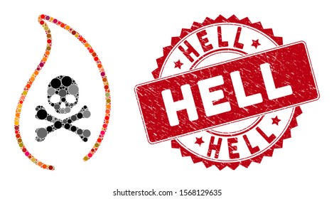 Mosaic mortal flame and grunge stamp seal with Hell text. Mosaic vector is formed with mortal flame icon and with scattered round spots. Hell stamp seal uses red color, and grunged surface.