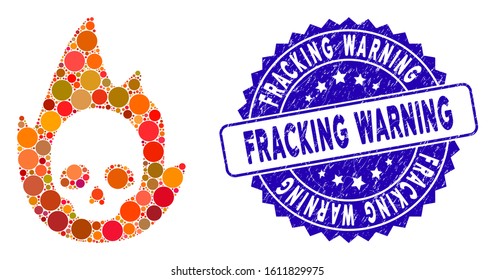 Mosaic mortal flame icon and rubber stamp seal with Fracking Warning caption. Mosaic vector is composed with mortal flame icon and with scattered circle elements.