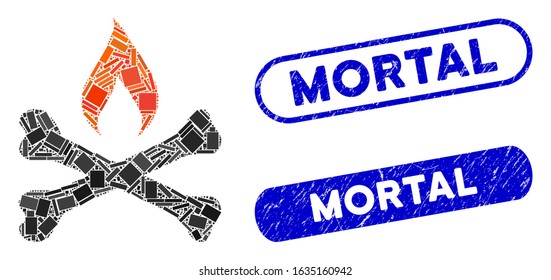 Mosaic mortal ignition and rubber stamp watermarks with Mortal phrase. Mosaic vector mortal ignition is composed with scattered rectangle items. Mortal stamp seals use blue color,