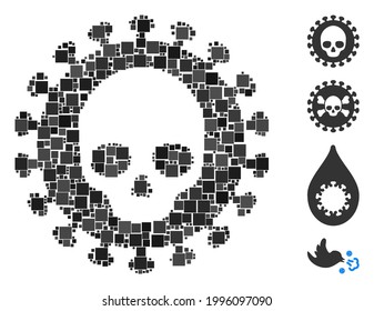 Mosaic Mortal virus icon composed of square items in variable sizes and color hues. Vector square items are composed into abstract collage mortal virus icon. Bonus icons are added.