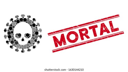 Mosaic mortal virus icon and corroded stamp seal with Mortal phrase between double parallel lines. Mosaic vector is created from mortal virus icon and with scattered round items.