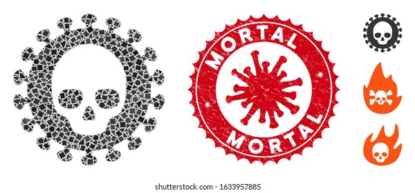 Mosaic mortal virus icon and red rounded rubber stamp seal with Mortal phrase and coronavirus symbol. Mosaic vector is composed from mortal virus icon and with scattered tremulant elements.