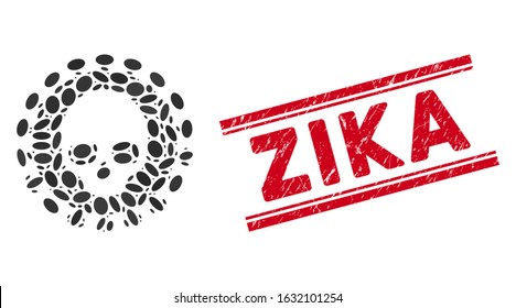 Mosaic mortal virus icon and rubber stamp seal with red Zika caption between double parallel lines. Mosaic vector is created with mortal virus icon and with random ellipse items.