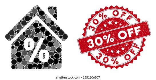 Mosaic mortgage discount and grunge stamp seal with 30% Off phrase. Mosaic vector is created with mortgage discount icon and with scattered circle items. 30% Off stamp uses red color,