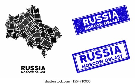 Mosaic Moscow Oblast map and rectangle rubber prints. Flat vector Moscow Oblast map mosaic of scattered rotated rectangle elements. Blue caption rubber seals with scratched textures.