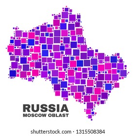Mosaic Moscow Region map isolated on a white background. Vector geographic abstraction in pink and violet colors. Mosaic of Moscow Region map combined of random square elements.