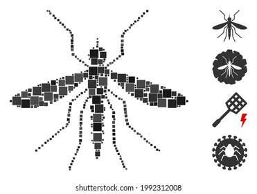 Mosaic Mosquito icon designed from square items in variable sizes and color hues. Vector square items are arranged into abstract mosaic mosquito icon. Bonus pictograms are added.