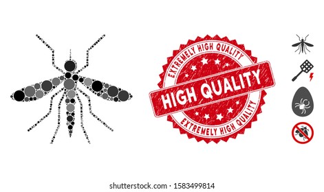 Mosaic mosquito icon and grunge stamp seal with Extremely High Quality caption. Mosaic vector is designed with mosquito icon and with random spheric elements.