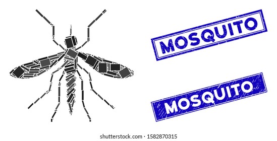 Mosaic mosquito pictogram and rectangular Mosquito watermarks. Flat vector mosquito mosaic pictogram of random rotated rectangular elements. Blue Mosquito watermarks with corroded surface.
