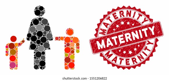 Mosaic mother and children and distressed stamp seal with Maternity caption. Mosaic vector is created with mother and children icon and with scattered round items. Maternity stamp seal uses red color,