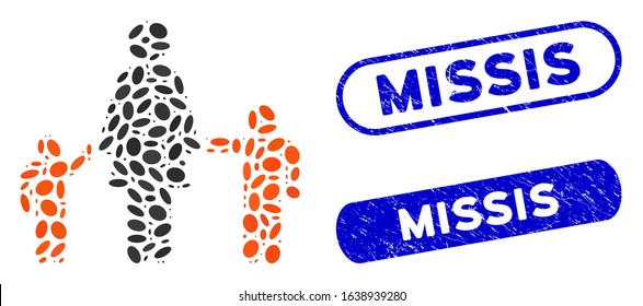 Mosaic mother and children and grunge stamp seals with Missis caption. Mosaic vector mother and children is created with randomized elliptic dots. Missis stamp seals use blue color,