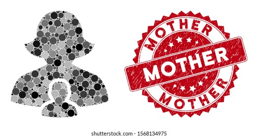 Mosaic mother and grunge stamp seal with Mother phrase. Mosaic vector is created from mother icon and with randomized round items. Mother stamp seal uses red color, and rubber design.