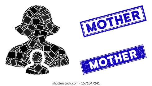 Mosaic mother icon and rectangle Mother seal stamps. Flat vector mother mosaic icon of randomized rotated rectangle items. Blue Mother seal stamps with grunged surface.