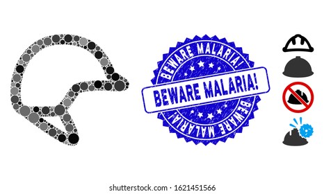 Mosaic motorbike hardhat icon and distressed stamp seal with Beware Malaria! caption. Mosaic vector is designed with motorbike hardhat icon and with random circle spots.