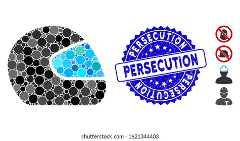 Mosaic motorcycle helmet icon and rubber stamp watermark with Persecution caption. Mosaic vector is created with motorcycle helmet icon and with random circle items.