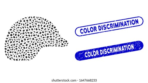 Mosaic motorcycle helmet and rubber stamp seals with Color Discrimination phrase. Mosaic vector motorcycle helmet is composed with random oval pieces. Color Discrimination stamp seals use blue color,
