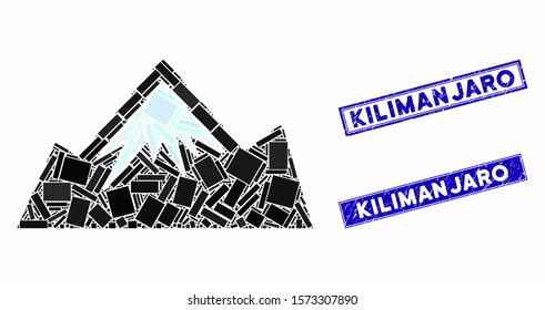 Mosaic mountain pictogram and rectangular Kilimanjaro seal stamps. Flat vector mountain mosaic pictogram of scattered rotated rectangular items. Blue Kilimanjaro stamps with dirty texture.