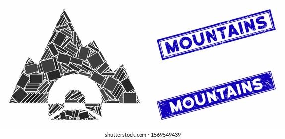 Mosaic mountain tunnel icon and rectangular seal stamps. Flat vector mountain tunnel mosaic icon of randomized rotated rectangle elements. Blue caption seal stamps with grunge surface.