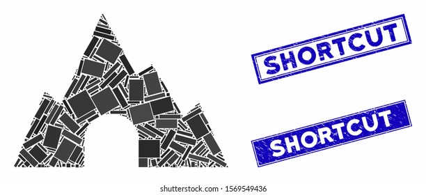 Mosaic mountain tunnel pictogram and rectangle watermarks. Flat vector mountain tunnel mosaic pictogram of scattered rotated rectangle elements. Blue caption seal stamps with dirty surface.