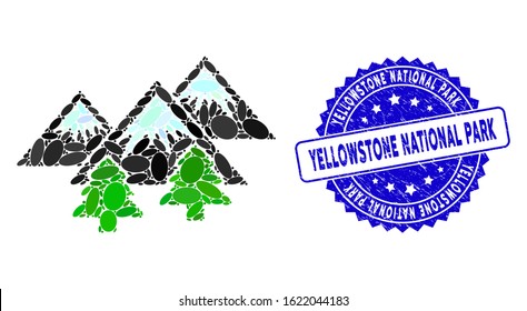 Mosaic mountains forest icon and grunge stamp seal with Yellowstone National Park caption. Mosaic vector is formed from mountains forest icon and with random oval items.
