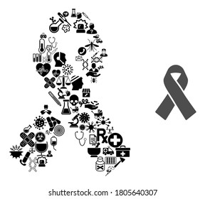 Mosaic mourning ribbon from health items and basic icon. Mosaic vector mourning ribbon is composed from health symbols. Abstract illustrations elements for clinic purposes.