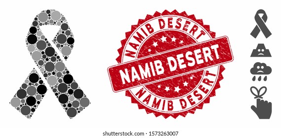 Mosaic mourning ribbon icon and corroded stamp watermark with Namib Desert caption. Mosaic vector is created with mourning ribbon icon and with randomized spheric elements.