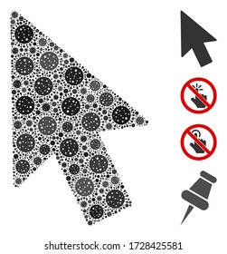 Mosaic mouse cursor constructed from covid-2019 virus icons in variable sizes and color hues. Vector infection icons are united into abstract mosaic mouse cursor icon. Some bonus icons are added.