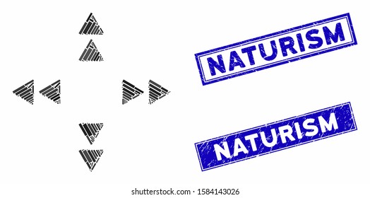 Mosaic move out triangles icon and rectangular Naturism seal stamps. Flat vector move out triangles mosaic icon of scattered rotated rectangular elements.