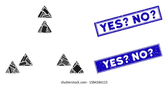 Mosaic move out triangles pictogram and rectangle Yes? No? stamps. Flat vector move out triangles mosaic icon of scattered rotated rectangle elements.