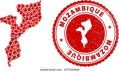 Mosaic Mozambique map created from red love hearts, and rubber seal stamp. Vector lovely round red rubber stamp imprint with Mozambique map inside.
