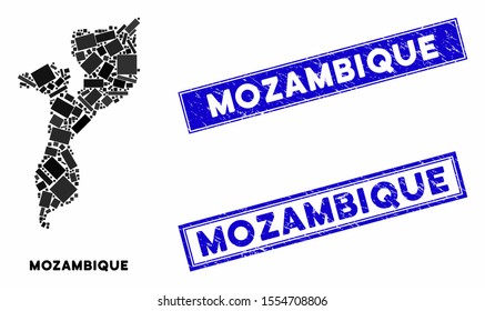 Mosaic Mozambique map and rectangle stamps. Flat vector Mozambique map mosaic of random rotated rectangle elements. Blue caption seal stamps with grunge textures.