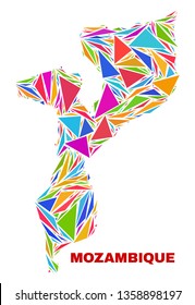 Mosaic Mozambique map of triangles in bright colors isolated on a white background. Triangular collage in shape of Mozambique map. Abstract design for patriotic decoration.