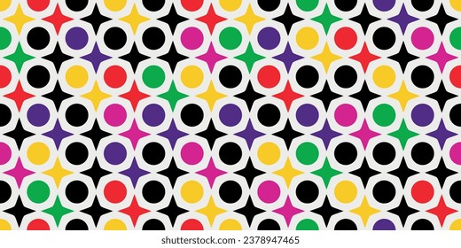 Mosaic of multi-colored circles and four-pointed stars. Abstract repeating pattern texture.