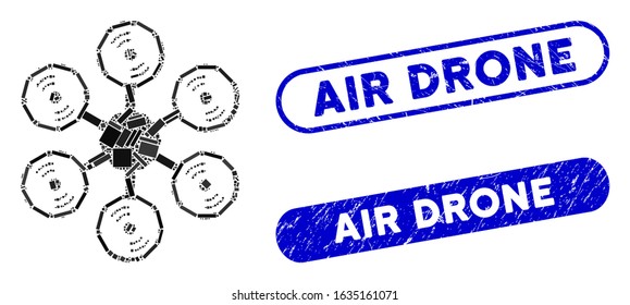 Mosaic multirotor and distressed stamp watermarks with Air Drone phrase. Mosaic vector multirotor is created with randomized rectangle items. Air Drone stamp seals use blue color,