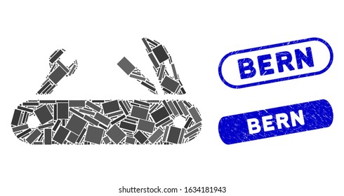 Mosaic multi-tools knife and rubber stamp seals with Bern caption. Mosaic vector multi-tools knife is formed with randomized rectangle items. Bern stamp seals use blue color,