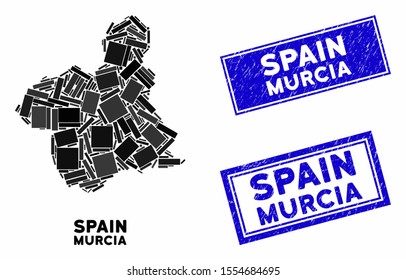 Mosaic Murcia Province map and rectangular seal stamps. Flat vector Murcia Province map mosaic of randomized rotated rectangular items. Blue caption stamps with dirty surface.