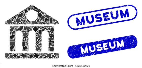 Mosaic museum building and distressed stamp watermarks with Museum phrase. Mosaic vector museum building is composed with random rectangle items. Museum stamp seals use blue color,