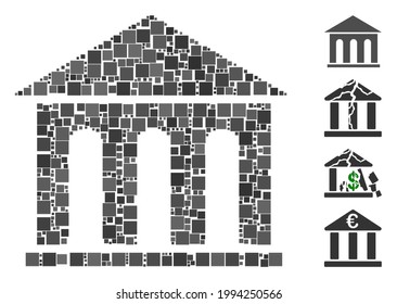 Mosaic Museum building icon designed from square items in random sizes and color hues. Vector square items are grouped into abstract mosaic museum building icon. Bonus pictograms are placed.