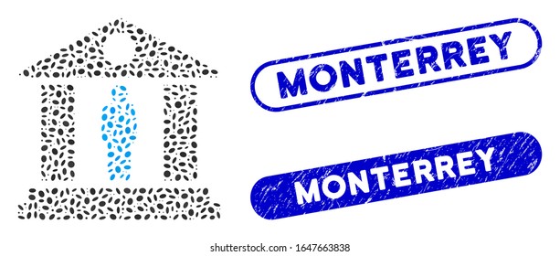 Mosaik Museumsmanager und korrodierte Siegel mit dem Satz von Monterrey. Mosaik Vektorillustration Museum Manager ist mit randomisierten elliptischen Gegenständen entworfen. Monterrey-Robben verwenden blaue Farben,