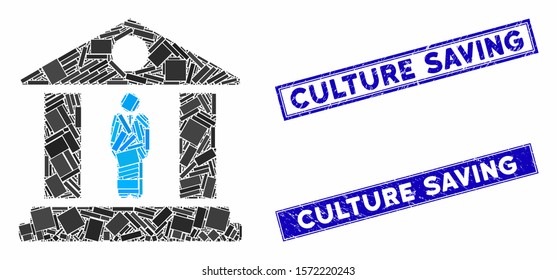 Mosaic museum manager icon and rectangle Culture Saving seal stamps. Flat vector museum manager mosaic pictogram of scattered rotated rectangle elements.