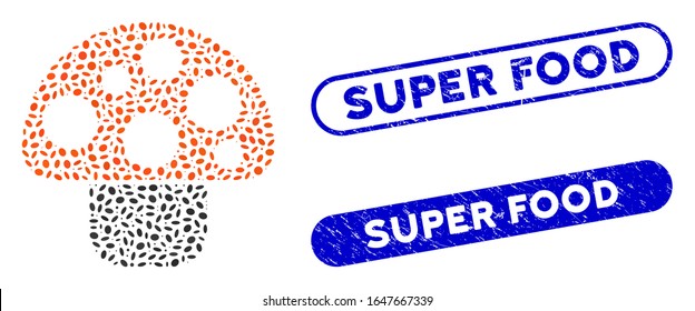 Mosaic mushroom and rubber stamp seals with Super Food phrase. Mosaic vector mushroom is formed with randomized elliptic items. Super Food seals use blue color, and have round rectangle shape.