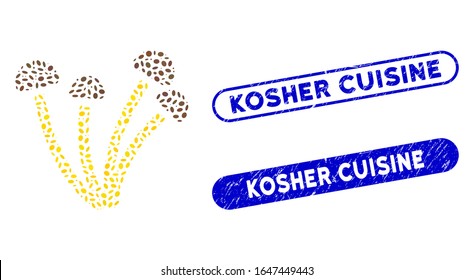 Mosaic mushrooms and distressed stamp watermarks with Kosher Cuisine text. Mosaic vector mushrooms is created with random ellipse pieces. Kosher Cuisine stamp seals use blue color,