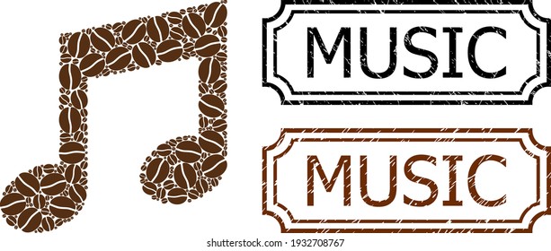 Mosaic music composed of cocoa seeds, and grunge Music rectangle seals with notches. Vector coffee elements are combined into abstract mosaic music icon with brown color.