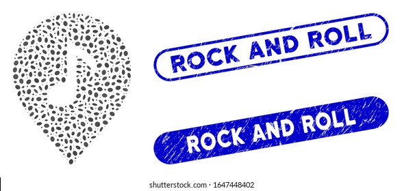 Mosaic music marker and grunge stamp seals with Rock and Roll phrase. Mosaic vector music marker is composed with random ellipse items. Rock and Roll stamp seals use blue color,